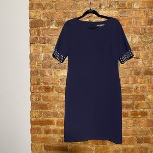 Vintage Karl Lagerfeld Faux Pearl Short Sleeve Pencil Dress Career Blue Size 10
